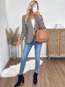 EMERY ROSE Áo khoác Blazer nữ tay dài xếp ly màu trơn cài nút đơn giản, mùa thu - Màu Khaki - Xem 6
