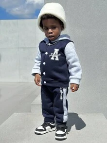 SHEIN 2pcs/Set Baby Boys Navy Blue Autumn Casual Page Boy Back-To-School Outfit,Letter "A" Print Button Sweatshirt Jacket & Colorblock Pants Tracksuit Set - Royal Blue - View 11