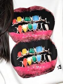 SHEIN 女士秋冬宽松唇印圆领大码运动衫 - 白色 - 查看 4