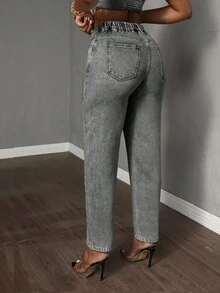 SHEIN Tall CURVE 大码休闲不对称腰部锥形洗水牛仔裤 - 灰色 - 查看 2