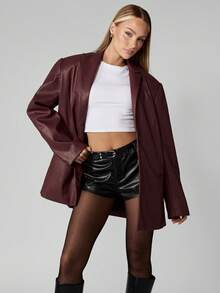 MISSGUIDED Oversized Faux Leather Blazer Jacket Fall Winter Long Sleeve Button Front Lapel Collar Professional Office Business Wear Party Evening Outerwear - Burgundy - View 1