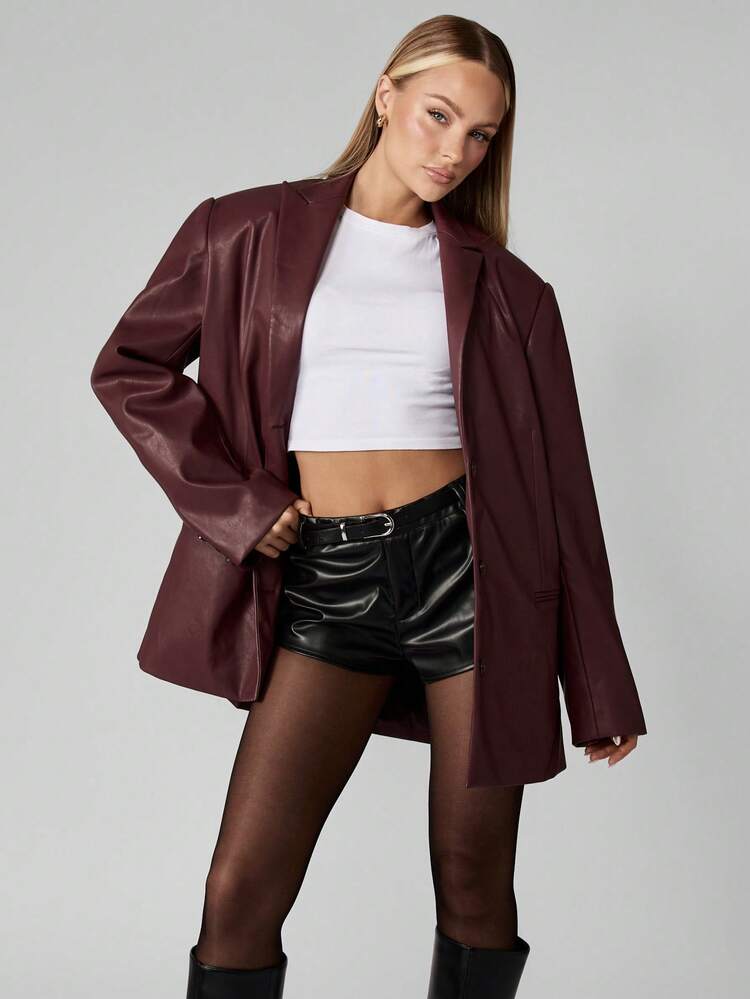 MISSGUIDED Women Oversized Faux Leather Blazer Jacket Fall Winter Fashion Long Sleeve Button Front Lapel Collar Professional Office Business Wear Party Evening Outerwear