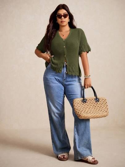 Elaquor Plus Size Casual Solid Color Short Sleeve Cardigan, Green Summer Knit Tops, Vacation Cardigan Spring