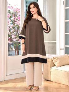 SHEIN Lacomfia 大码撞色条纹上衣和裤子两件套 - 咖啡棕 - 查看 5