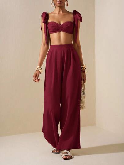 Zivah Conjunto de dos piezas para mujer compuesto por top corto con cuello en forma de corazón, tirantes con lazo y envoltura en el pecho + pantalones anchos de pierna ancha, en color albaricoque, de tela texturizada, para playa, primavera y verano, vacaciones casuales