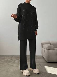 EURMUSE Dot Pattern Lantern Sleeve Sweater & Knit Pants - Black - View 3