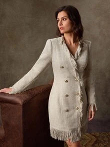 Lilora Khaki Tweed Tassel Long-Sleeved Short Women's Dress, Autumn/Winter,Business, Retro, Party, Resort, Outing, Old Money,Siren Coquettish, Prom, Ball, Valentine's Day, Cruise Attire, Commuting,  Richly Layered, Date Night, Gathering, Minimalism, Birthday, Formal Event,  Ibiza, Nashville, Break, Modest, Chic, Casual, Shopping, Street Wear, Going Out, Coquette,Sexy,Vintage,Street Wear,Boho,Formal,2000s Style,Casual,Hippie,Retro,Old Money Style - Apricot - View 7