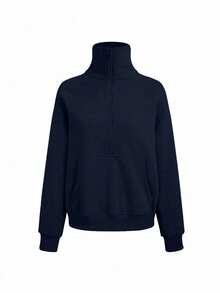 EURMUSE Damen Lässig Alltags Pendler einfache einfarbige Rollkragen Halb-Reißverschluss Vordertasche Raglanärmel Sweatshirt, Herbst - marineblau - Übersicht 3