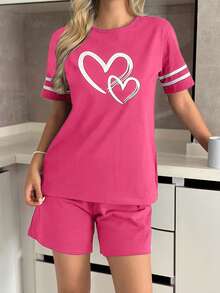 RueChic 女士两件套加大条纹心形印花短袖衬衫和短裤家居睡衣套装 - 玫紅色 - 查看 6