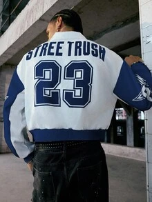 PAVTROS Manfinity Streetrush 男士字母印花拉链拼色短款夹克，街头风拉链短款街头风夹克，秋季 - 寶藍色 - 查看 2