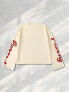 ROMWE MEN Street Life Herren Langarm T-Shirt mit Nieten, Augen- und Buchstaben-Muster, Herbst