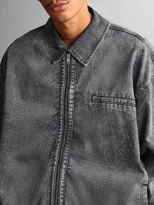 SUMWON Cotton Vintage Washed Denim Trucker Jacket Classic Zip Front Collar Design Casual Streetwear Fall Winter Outerwear Light Grey Retro Workwear Style Urban Fashion Essential - Royal Blue - View 4