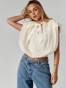 MISSGUIDED 雪纺灯笼袖衬衫，领口系带，泡泡肩，适合春夏季 - 米色 - 查看 6