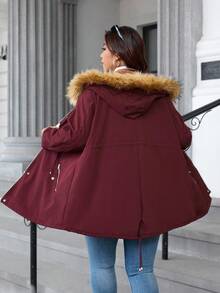 SHEIN Clasi Curve 大码女式日常休闲酒红色拉链连帽抽绳收腰长袖防风外套，带口袋、加热毛领和加热毛绒内衬，加厚保暖内衬提供额外保暖防风，温暖防寒，2025 新款，舒适保暖，大码女式长袖口袋休闲外套，适合秋季、冬季穿着，复古风格，适合外出穿着。 - 酒紅色 - 查看 11