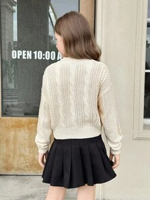 SHEIN Tween Girls' Casual Elegant Knitted Colorblock Bow Turtleneck Sweater, Versatile & Cute For Everyday Wear, Autumn/Winter Fall - Khaki - View 13