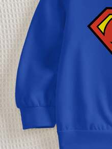 SUPERMAN X SHEIN 年轻男孩休闲时尚街头标志印花撞色领落肩宽松套头衫，秋季/春季 - 白色 - 查看 3