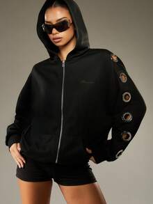 MISSGUIDED Oversized Zip Through Hoodie With Eyelet Detail Sleeves Long Sleeve Sweatshirt For Casual Streetwear Fall Winter
