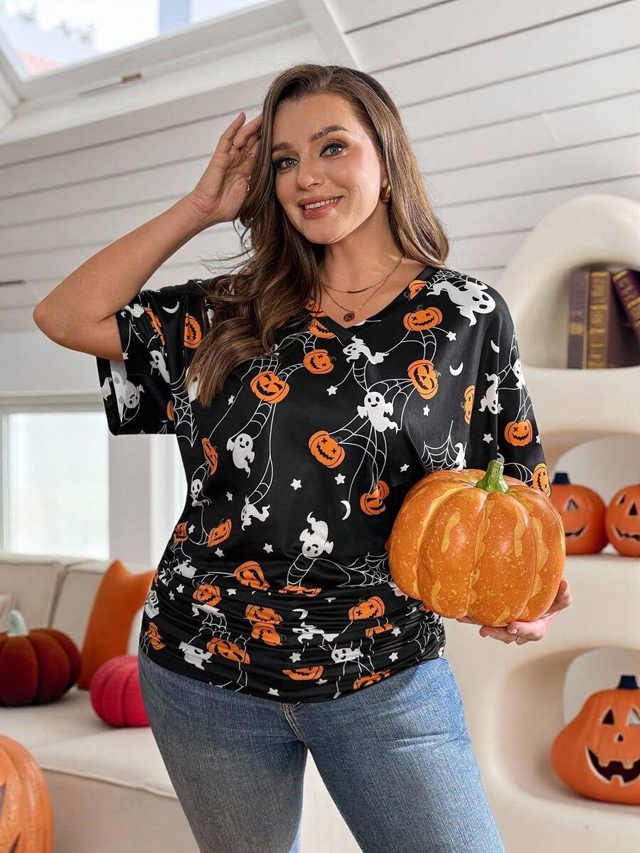 SHEIN Essnce 大码女装春秋时尚休闲宽松舒适日常万圣节南瓜黑色上衣、万圣节服装、万圣节衬衫 - 黑色 - 查看 1
