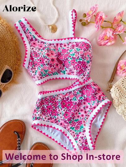 SHEIN Girls' One-Piece Swimsuit With Tiny Ditsy Floral And Ruffle Trim Summer Holiday