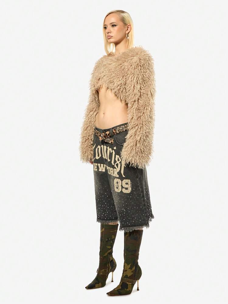 SUMWON Luxurious Faux Fur Cropped Shrug Long Sleeve Winter Fashion Bolero Jacket Plush Teddy Bear Fuzzy Evening Party Club Wear Statement Piece