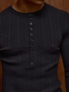 Musero Long Sleeve Muscle Fit Ribbed Button Placket Top SPRING SUMMER Basics Layering - Black - View 6
