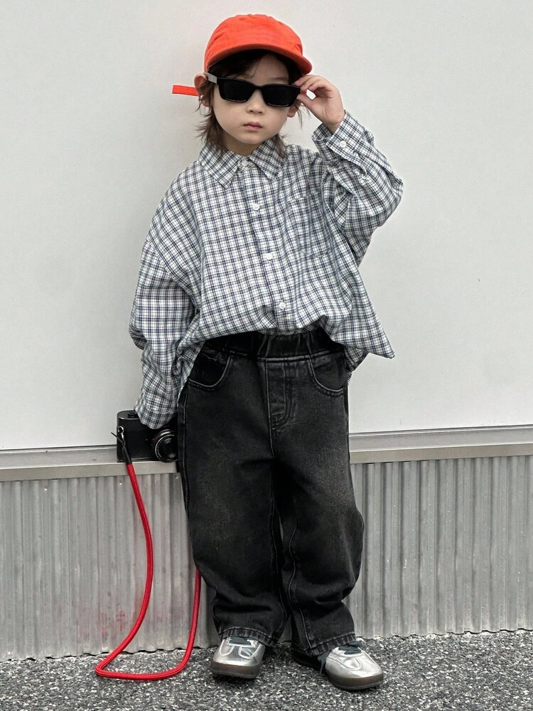 Young Boy Elastic Waist Pocket Loose Wide Leg Casual Jeans