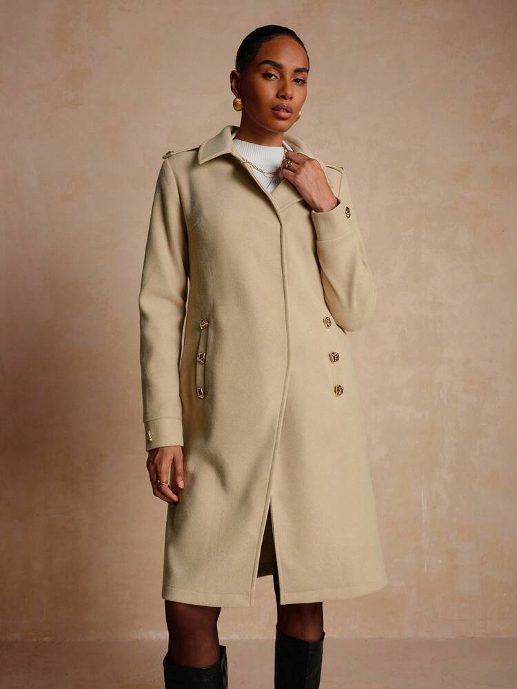 Vesra Women's Elegant Mid-Length Khaki Overcoat - Khaki - View 4