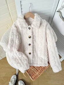 SHEIN Serisse Kids 少女双面纯色米色长袖外套，适合秋冬季日常休闲穿着、返校季、冬季女童装、母女亲子装，时尚秋季母女毛绒外套