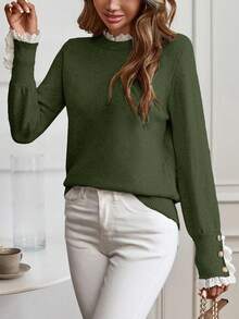 EMERY ROSE Suéter de cuello redondo de manga larga con volantes y contraste de color para mujer - Verde - Ver 3