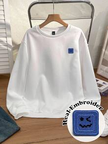 Manfinity Joysei Men Fashionable Casual Young Casual Funny Cartoon Embroidered Oversized Loose Drop Shoulder Crew Neck Pullover Fleece Sweatshirt, Suitable For Autumn/Winter, Dating, Gathering, Suitable For Couples, Family Matching, Great Gift For Boyfriend