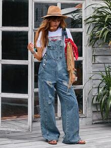 EMERY ROSE 女士口袋做旧阔腿牛仔连身裤 - 藍色 - 查看 5