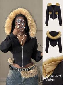 Coolane 女士秋冬街头风 Y2K 酷女孩外出长袖毛绒紧身拉链黑色连帽衫 - 黑色 - 查看 1