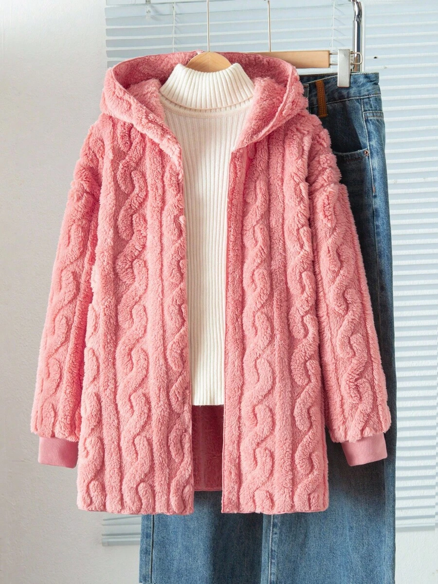Sparklyn 青少年女孩休闲百搭百搭家居服和学校日常穿着粗条纹毛茸茸领子前开中长款秋冬夹克 - 藕粉色 - 查看 1
