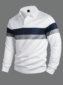 Manfinity CasualCool 男士长袖条纹 Polo 衫 拼布上衣 白色和灰色衬衫 男士 Old Money，秋季 - 白色 - 查看 6