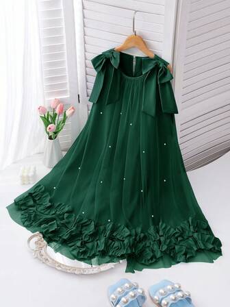 优雅时尚荷叶边珍珠装饰网眼女童连衣裙