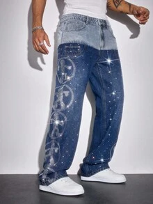 ROMWE MEN Street Life Men's Rhinestone Patchwork Contrast Color Denim Jeans - Blue - View 1