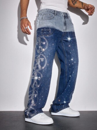 Street Life Jeans in denim con patchwork di strass e colore a contrasto per uomo
