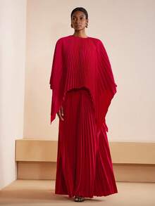 Zivah 2025秋冬新品，适合生日派对、聚会、宴会、返校、学院风、学生装、日常出行、百搭基础款、休闲、邮轮旅行、时尚、街头风、优雅、通勤、商务休闲等场合。蝙蝠袖不对称下摆圆领上衣搭配宽松阔腿裤，红色，褶皱套装，秋季女士两件套。 - 紅色 - 查看 6