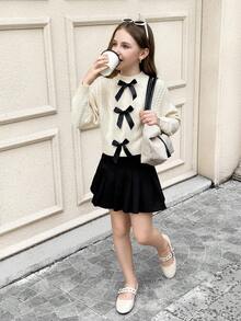 SHEIN Tween Girls' Casual Elegant Knitted Colorblock Bow Turtleneck Sweater, Versatile & Cute For Everyday Wear, Autumn/Winter Fall - Khaki - View 15