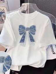 Resyla Camiseta holgada de cuello redondo con bordado, lazo y decoración de perlas para mujer de talla grande