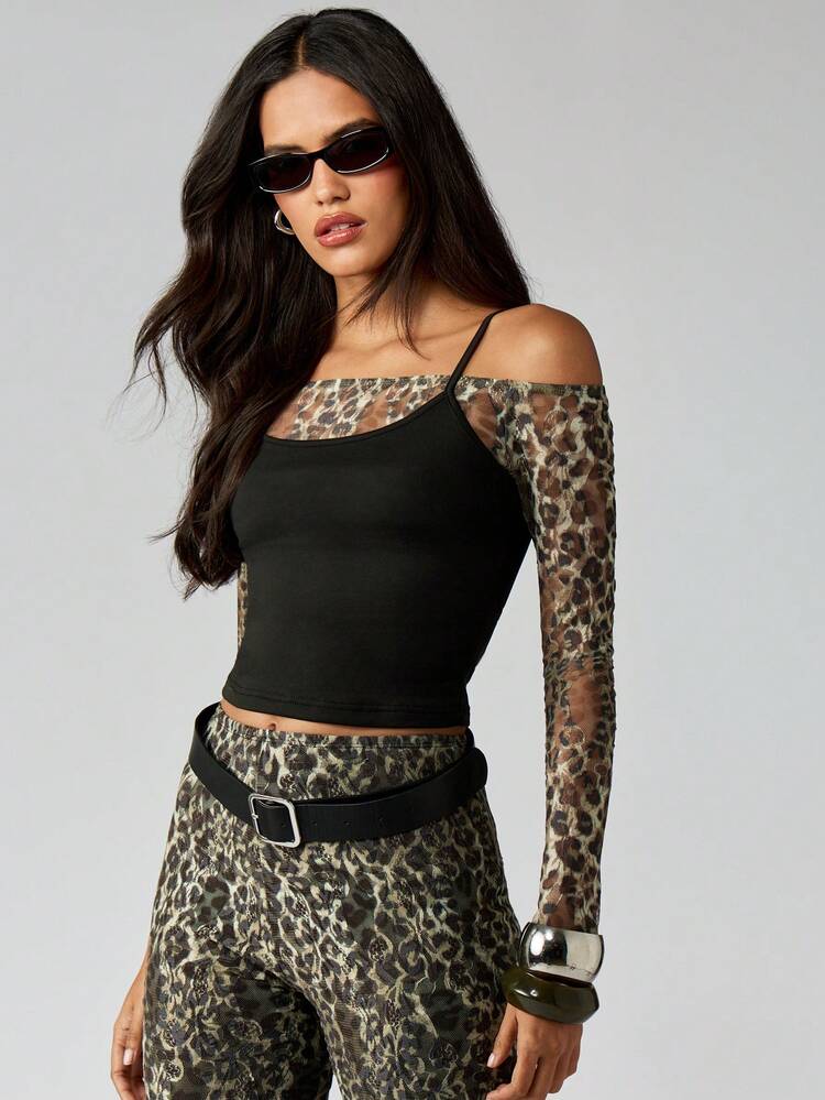 MISSGUIDED Animal Print Lace Mesh Long Sleeve Off Shoulder Crop Top With Solid Panel Detail