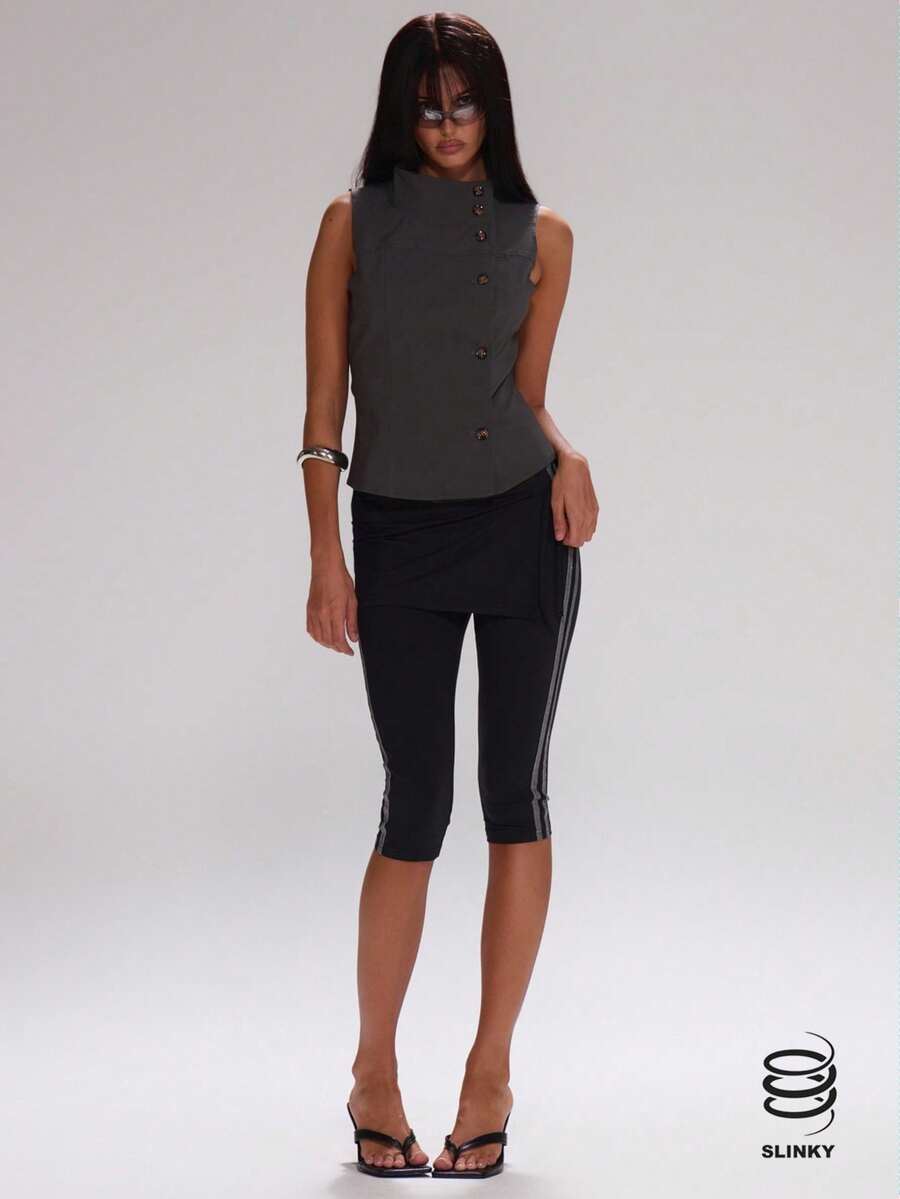 MUSERA Overlay Panel Stripe Binding Slinky Capri Pants Pedal Pushers Cute Casual Work Streetwear Sporty Work Wear Corporate Run  Party Summer - Black - View 1