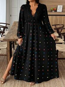 Weeklong 大码女式休闲优雅心形印花蕾丝开衩连衣裙，随机印花 - 黑色 - 查看 3