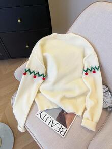 SHEIN Franclia 圣诞休闲宽松圆领长袖针织毛衣，3D圣诞树提花装饰，米色，女款，秋冬 - 米色 - 查看 2