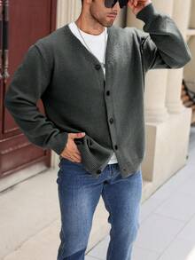 Manfinity Homme Plus Size Men's Solid Color V-Neck Button-Front Long Sleeve Cardigan, Fall Winter