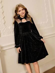 Đầm ôm vừa vặn tay dài phối lưới nhung lấp lánh màu đen sang trọng thanh lịch cho bé gái tuổi mới lớn - màu đen - Xem 7