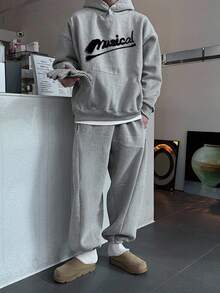 DAZY Men's Letter Print Thermal Lined Hoodie & Sweatpants Set, Elastic Waist, Autumn/Winter