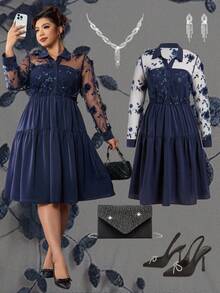 Ellevyn Rochie elegantă cu volane și broderie florală din plasă, model patchwork, cu nasturi și jumătate de pat, mărime plus - Albastru marin - Vizualizare 2