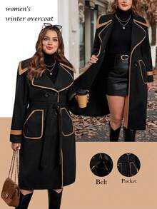 Ellevyn معطف كاجوال من الصوف بياقة وأكمام طويلة ومزدوج الصدر لحريمي بمقاسات كبيرة - الأسود - مشاهدة 15