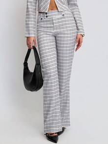 Avenya Black And White Checkered Slim Flared Pants For Women,Low-Waist Plaid Trousers,Autumn Business Casual Work Office Wear,Y2K Vintage Old Money Style - Grey - View 5